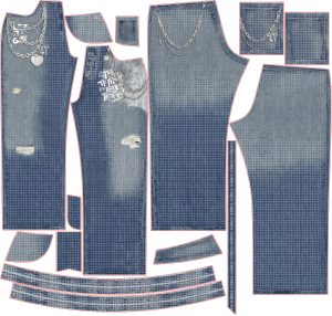 Quần jeans ống rộng dây xích ren màu xanh wash với hiệu ứng denim chân thực, thiết kế thời trang nữ phong cách Y2K và streetwear, phù hợp in kỹ thuật số trên vải.